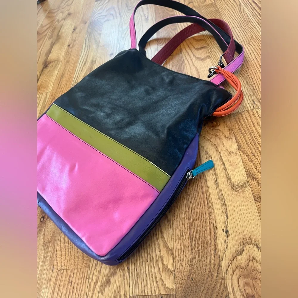ILI New York Leather Color Block Purse Drawstring Shoulder Multicolor Bright